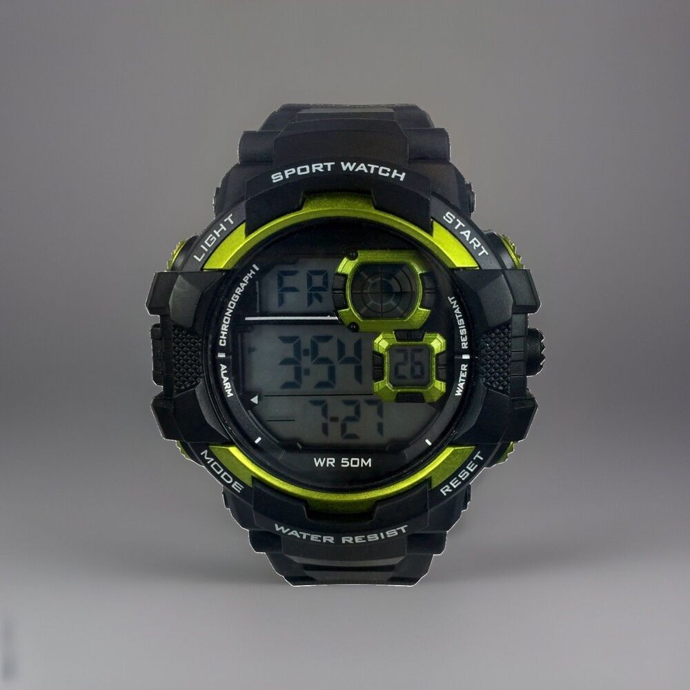 George Men's Digital Sport Watch Black &Neon Yellow-WR 50M-Alarm & Stopwatch-NIB